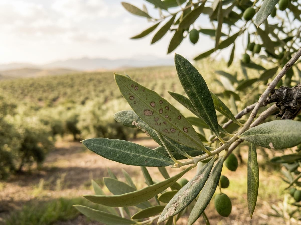 Rama de olivo con manchas en una hoja y un olivar desenfocado al fondo.